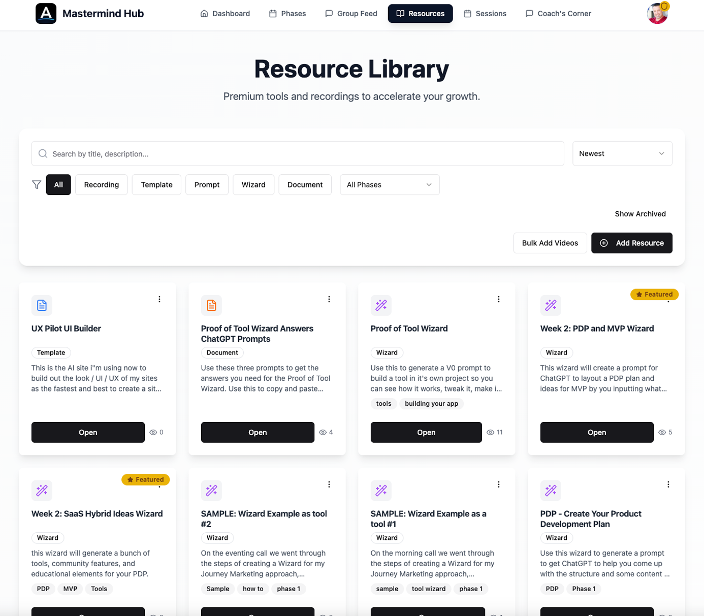 Mastermind Hub resource library with premium tools, templates, wizards and recordings