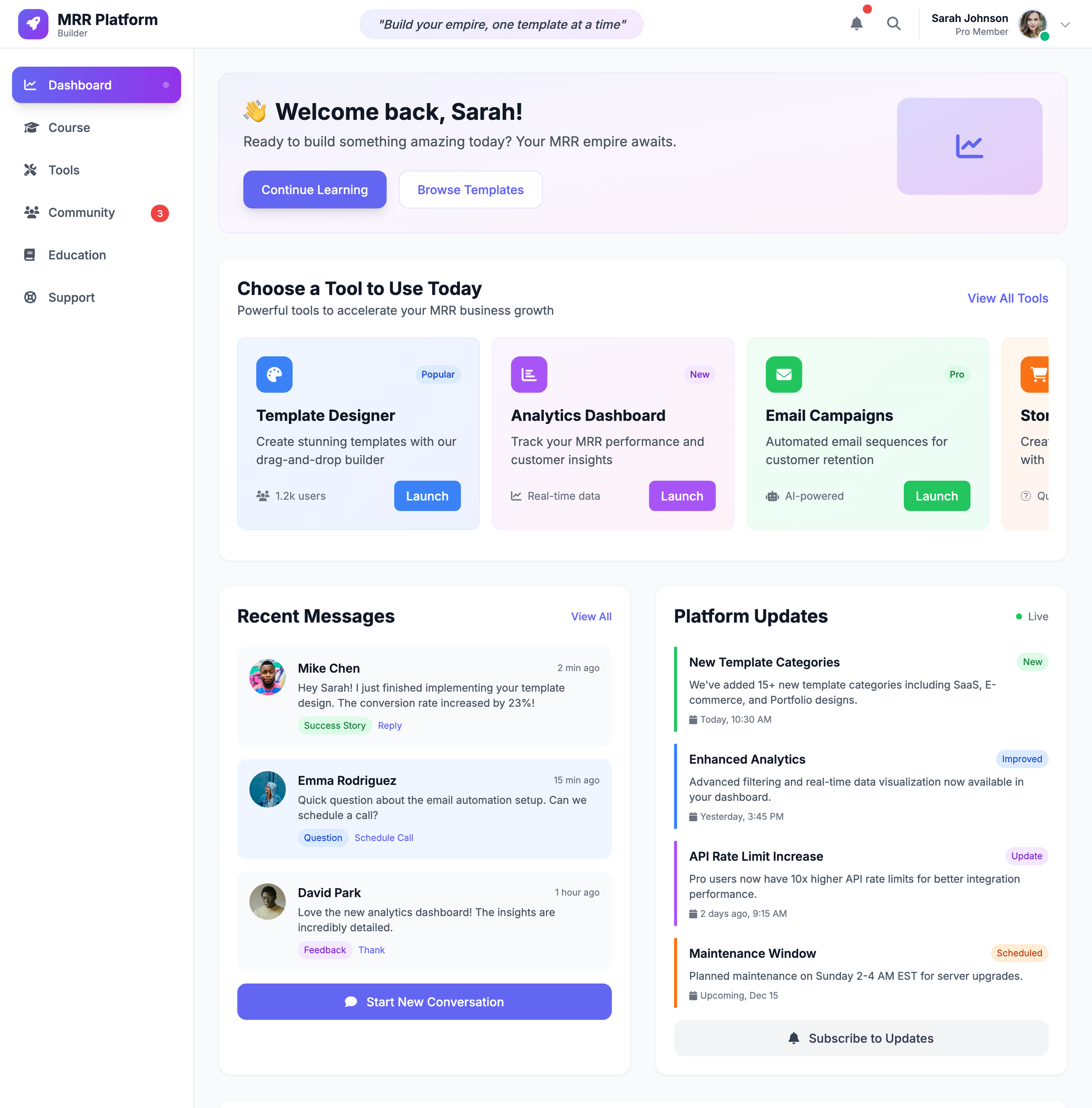 MRR Platform Builder dashboard showing tools, templates, and analytics for building recurring revenue